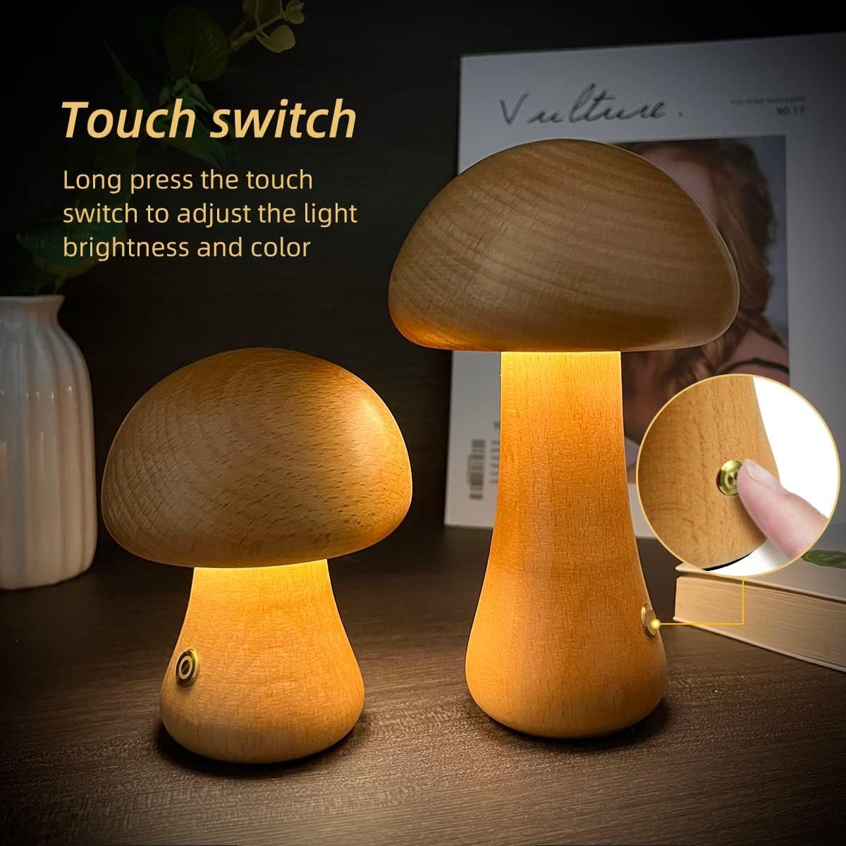 Wooden Mushroom LED Night Light With Touch