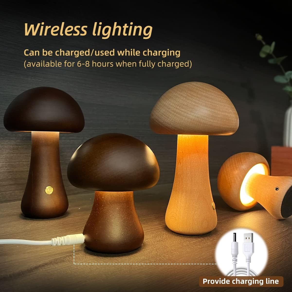 Wooden Mushroom LED Night Light With Touch